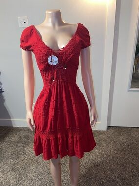Red Smocked V-Neck Short Sleeve Dress - Brand Unspecified